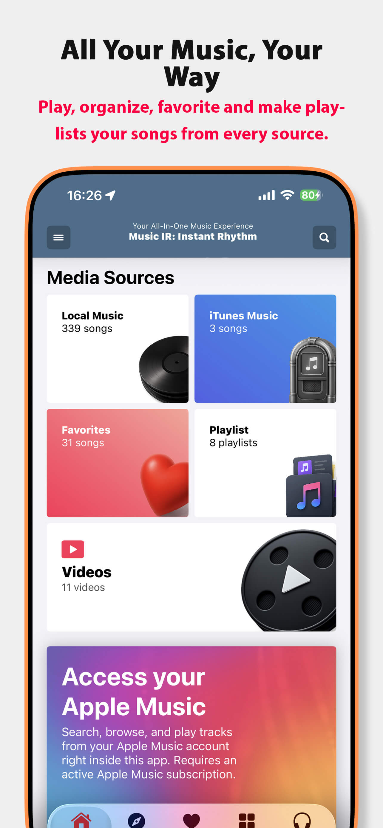 All your music in one place - local, Apple Music and iTunes sources in Music IR app