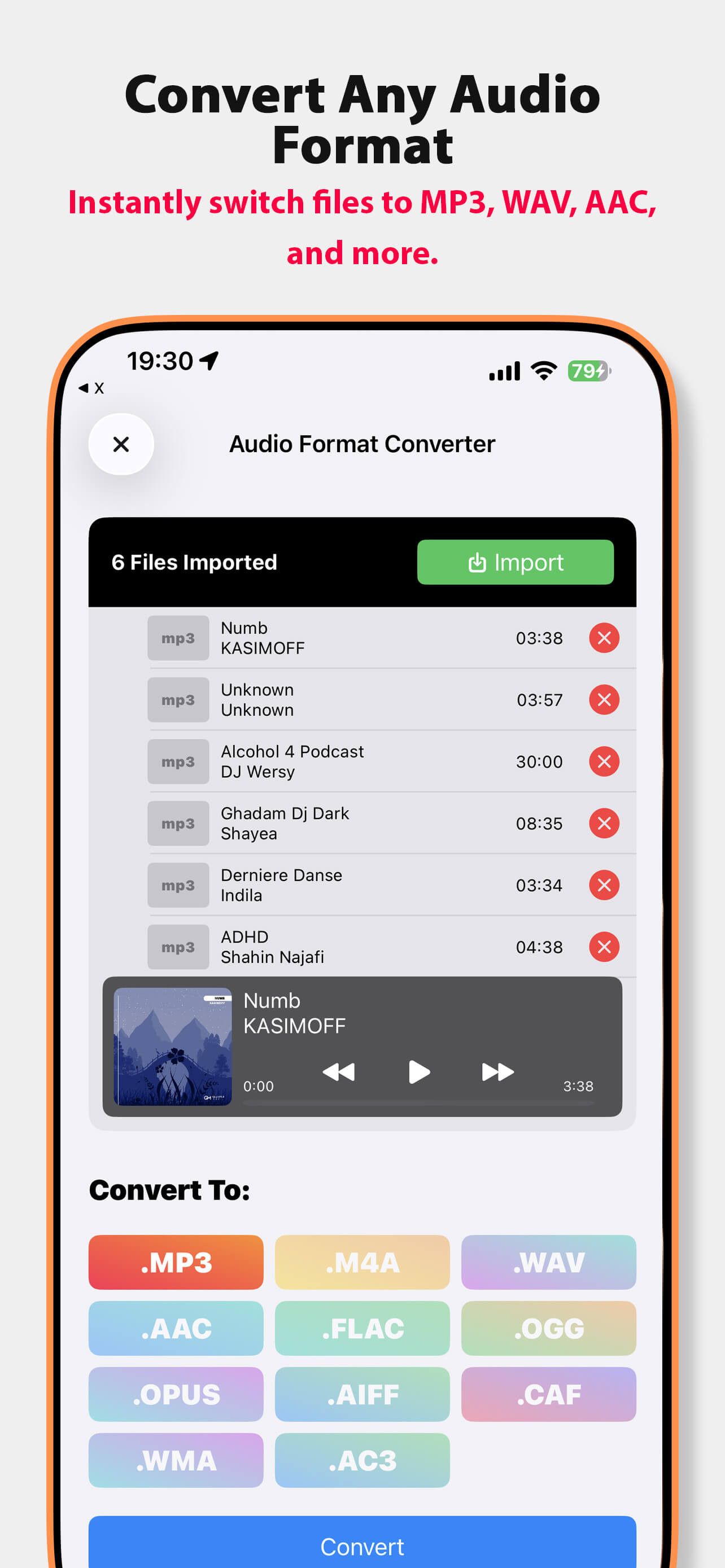Convert audio between MP3, WAV, AAC, FLAC, OGG, M4A and more formats instantly