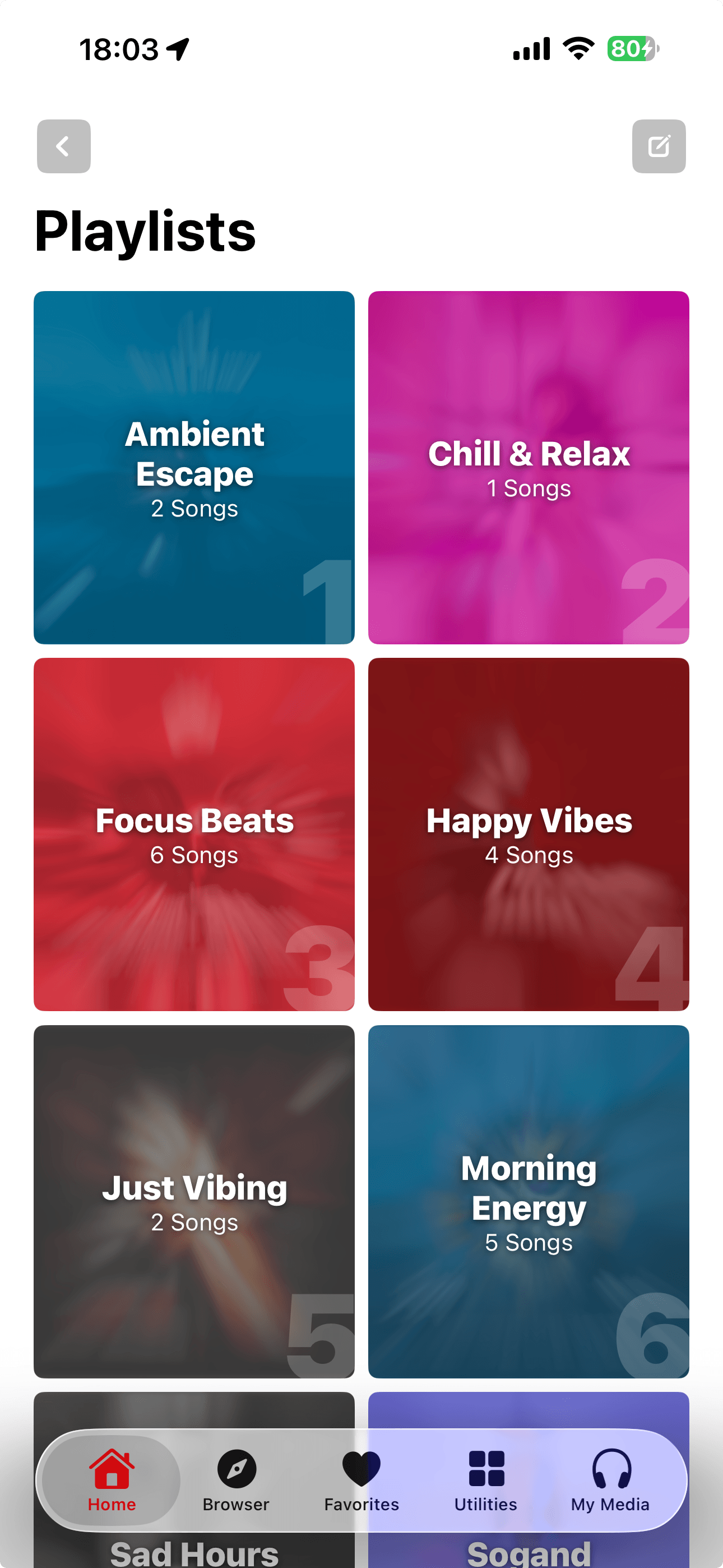Music IR playlists screen with custom playlists