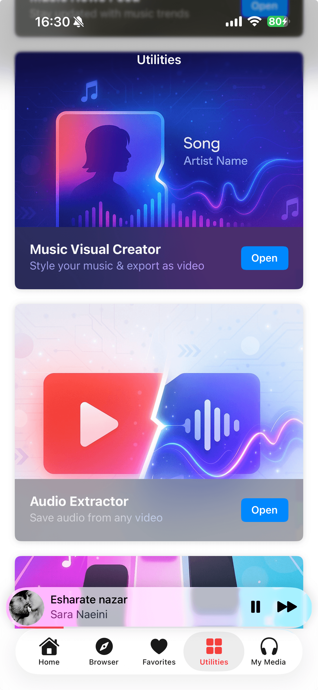 Music IR utilities screen with visual creator and audio extractor tools