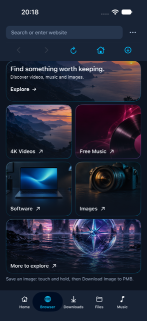 PMB built-in browser with address bar, shortcuts and discovery artwork