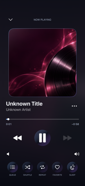 PMB player with artwork, playback controls, queue, favorites and sleep timer
