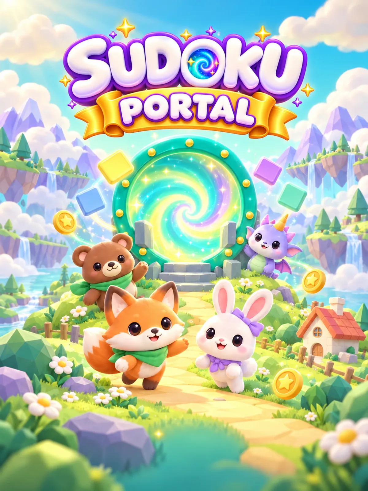The fox, bunny, bear and dragon buddies running out of the portal