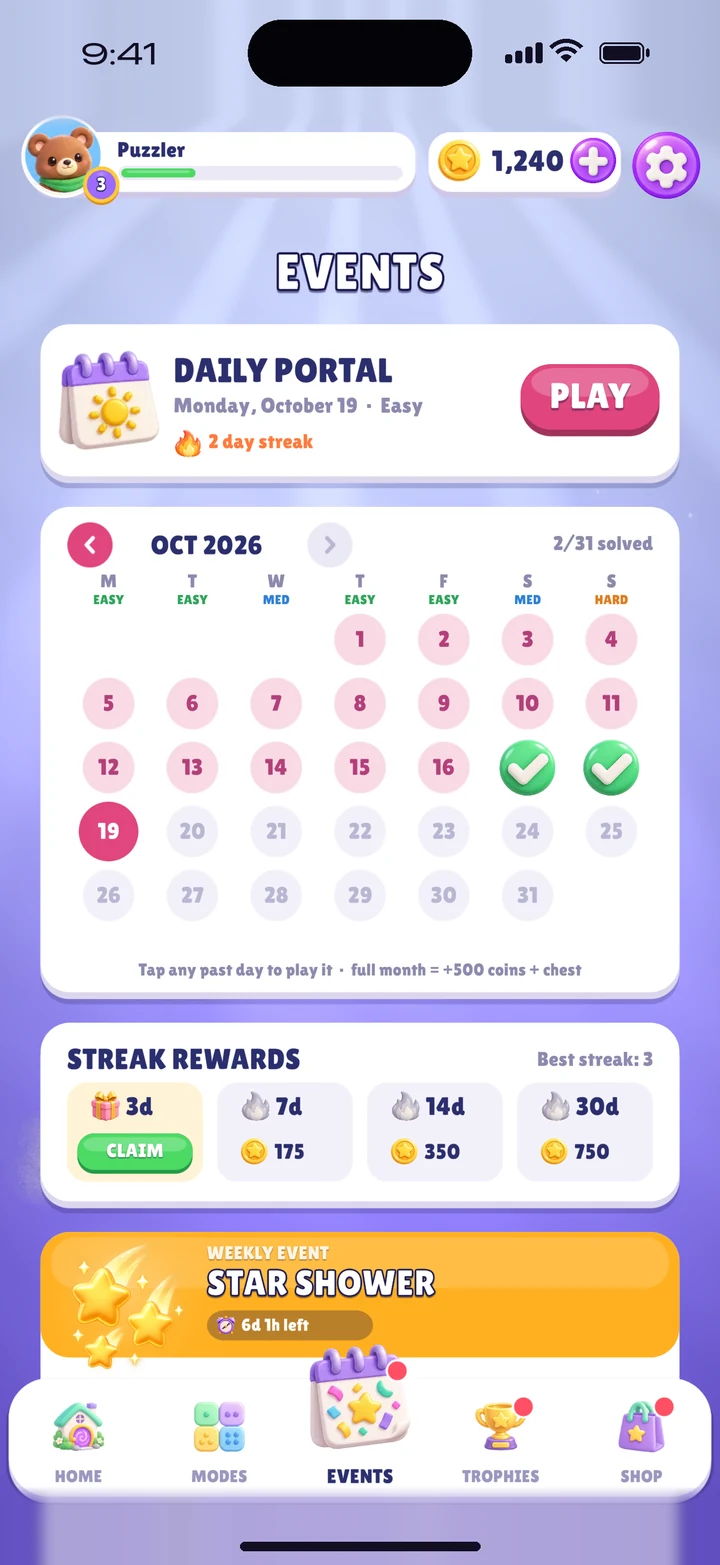 The Events tab with the Daily Portal, calendar and streak rewards