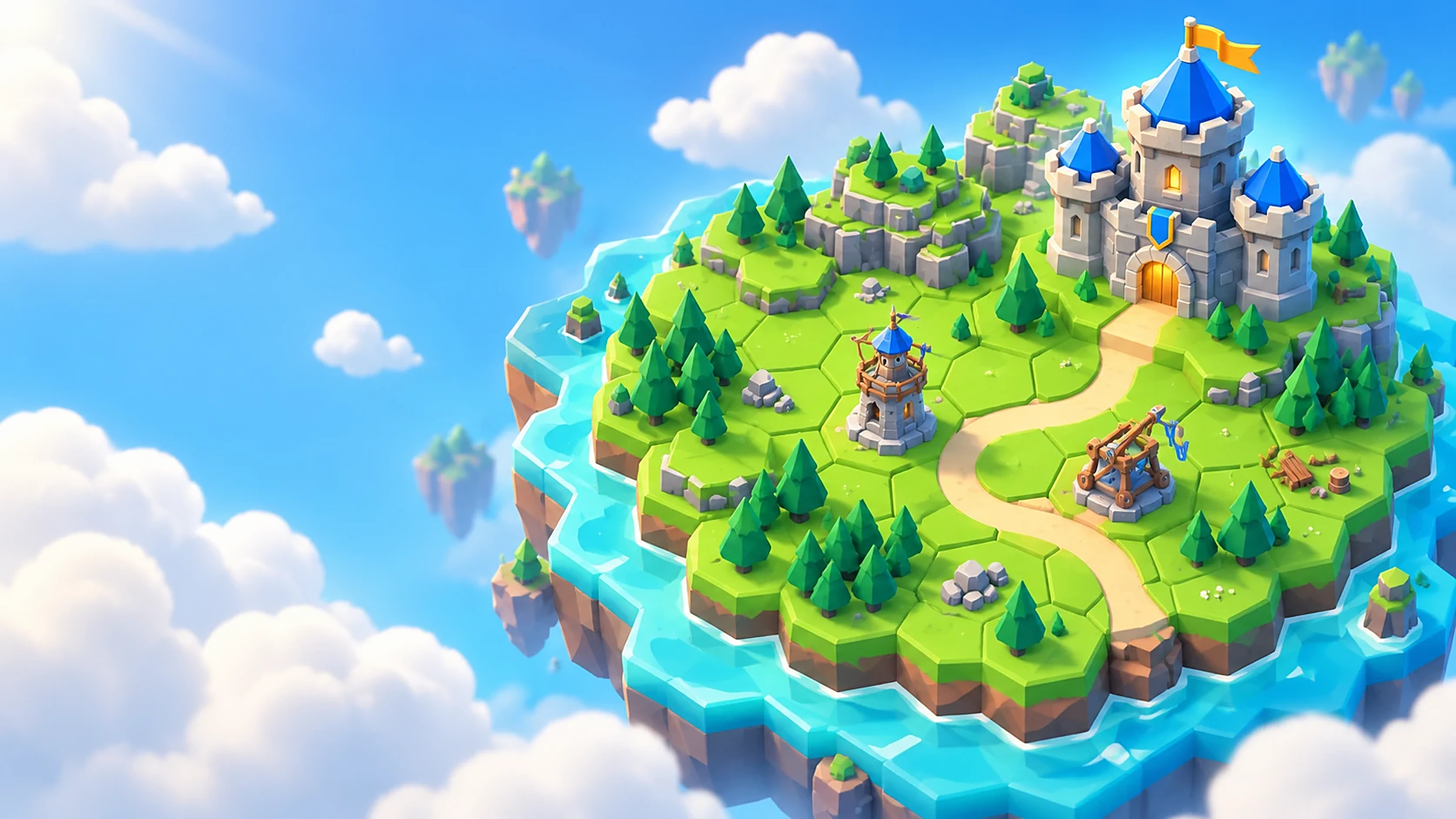 A floating hex island with a blue-roofed castle, an archer tower and a catapult