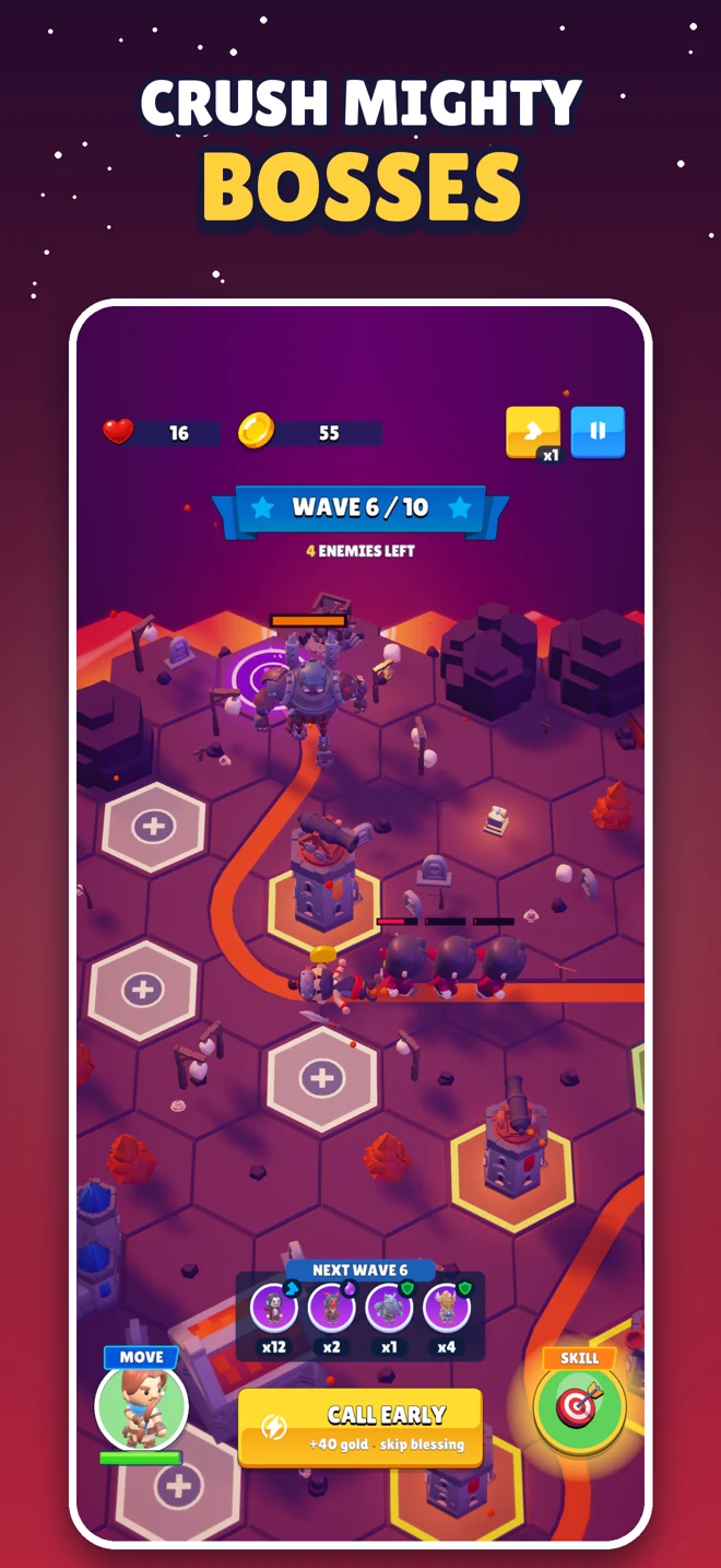 A boss marching through Ember Isle on wave 6 of 10